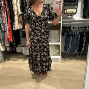 ba&sh Black and Cream Floral Midi Dress